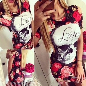 FLORAL SKULL FITTED DRESS